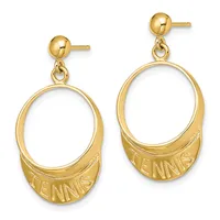 Pair of gold dangle earrings with ball studs and oval loops stamped with text on the lower portion.