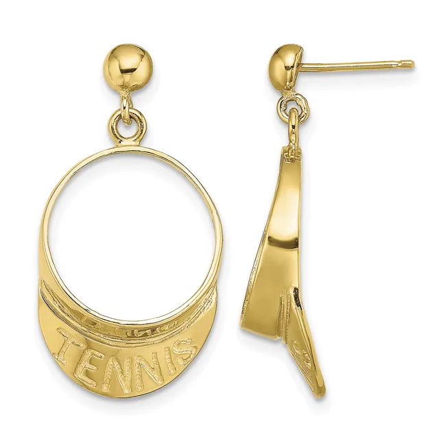Gold-toned dangle earrings with a ball post and oval pendant stamped with text, shown from front and side views.