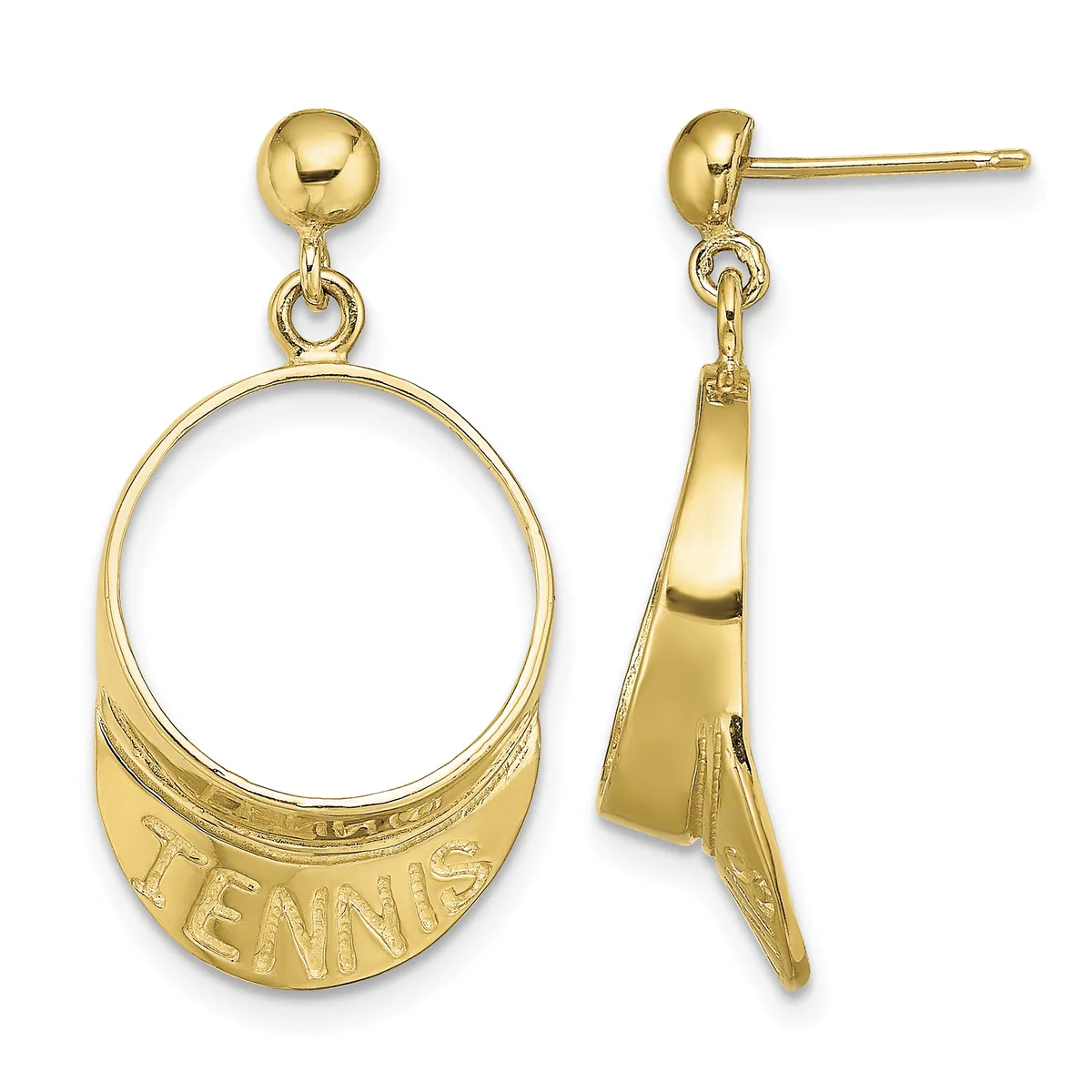 Gold-toned dangle earrings with a ball post and oval pendant stamped with text, shown from front and side views.