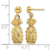 Pair of gold pineapple-shaped dangle earrings with ball studs, shown next to a ruler indicating approximately one inch in length.