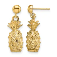 Pair of gold pineapple-shaped dangle earrings with textured surfaces and ball post backs, shown from front and side views.