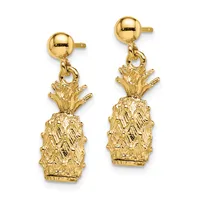 Pair of gold pineapple-shaped dangle earrings with textured finish and ball post studs.