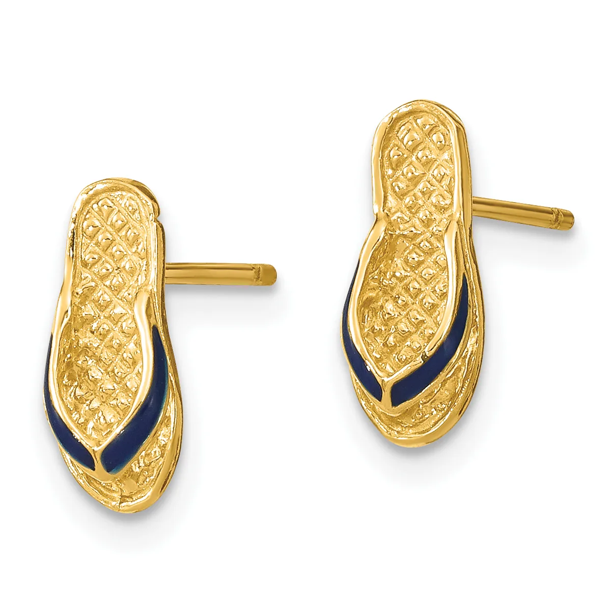 Pair of gold-toned stud earrings with textured oval shapes and dark blue enamel accents along the inner curves.