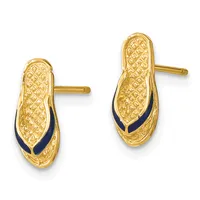Pair of gold-toned stud earrings with textured oval shapes and dark blue enamel accents along the inner curves.