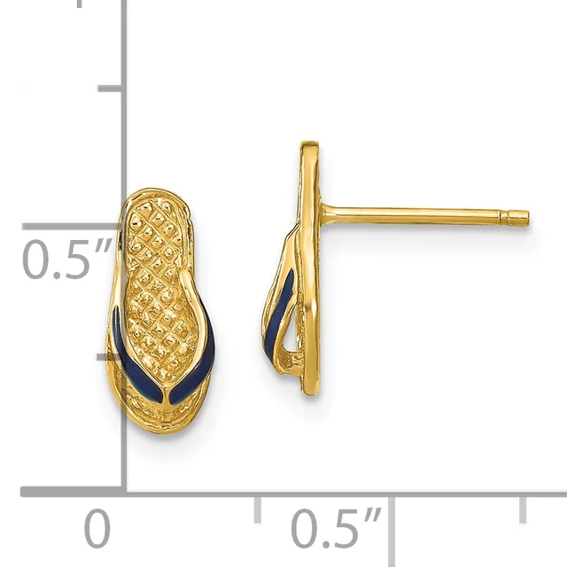 Gold-colored stud earrings with textured finish and dark blue enamel accent, shown from front and back views with measurement scale indicating approximately 0.5 inches in length.