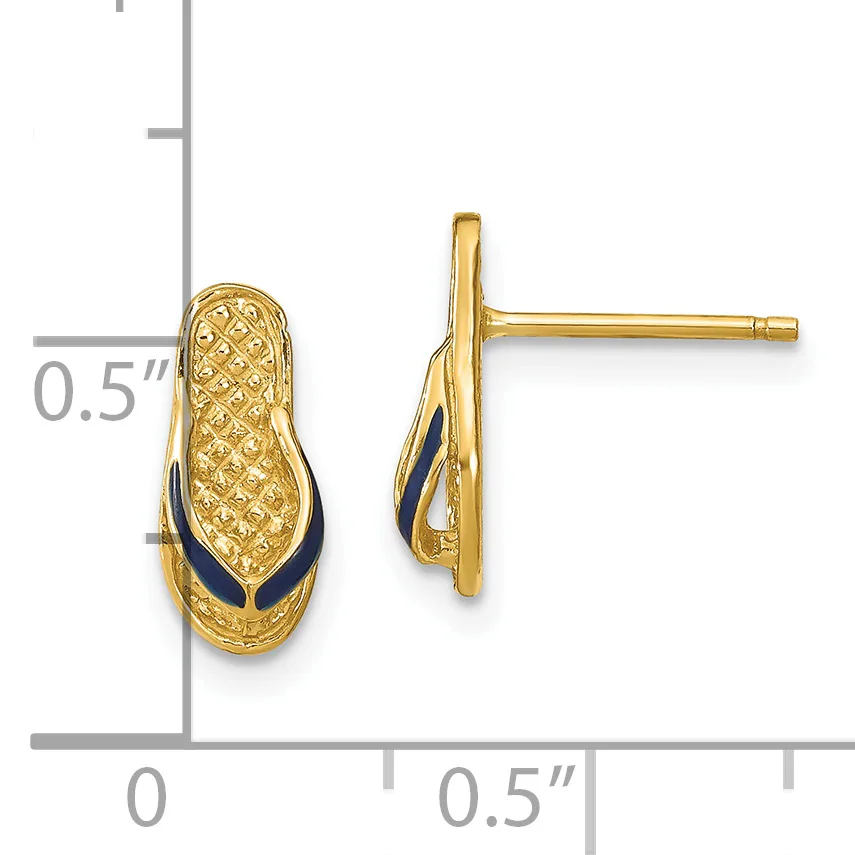 Gold-colored stud earrings with textured finish and dark blue enamel accent, shown from front and back views with measurement scale indicating approximately 0.5 inches in length.
