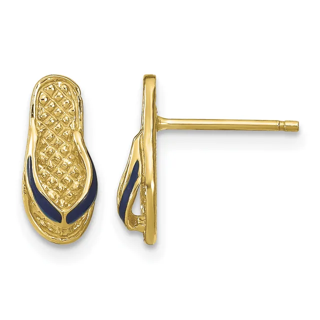 Pair of gold stud earrings shaped like flip-flops with textured surfaces and dark blue enamel accents on the straps, shown from front and side views.