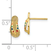 Gold peanut-shaped stud earrings with textured surface and colorful enamel dots in red, green, and blue, shown front and side view with measurement scale.