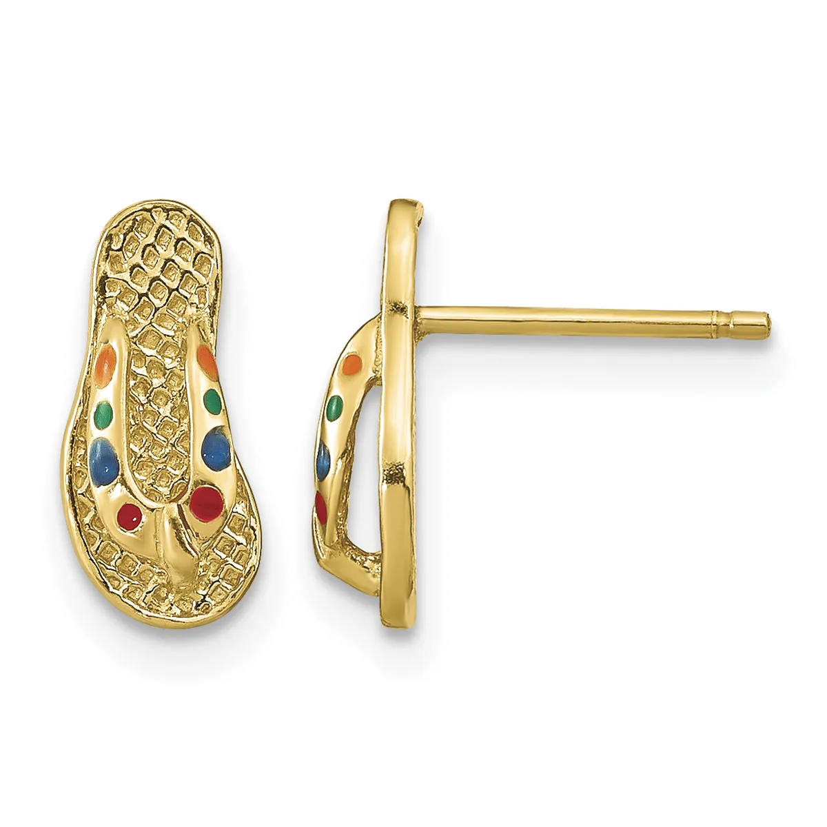 Pair of gold stud earrings shaped like sneaker shoes with textured surfaces and multicolored enamel dots, shown from front and side views.