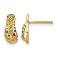 Pair of gold stud earrings shaped like sneaker shoes with textured surfaces and multicolored enamel dots, shown from front and side views.