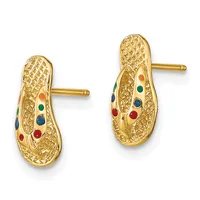Pair of gold peanut-shaped stud earrings with textured surfaces and colored gemstone accents in red, green, and blue.