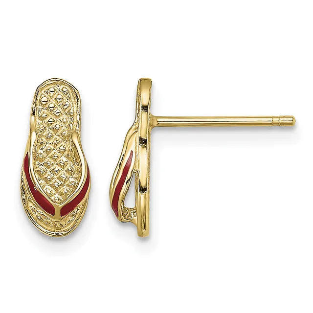Pair of gold stud earrings with textured surfaces and red enamel curved accents, shown from front and side views.