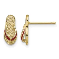 Pair of gold stud earrings with textured surfaces and red enamel curved accents, shown from front and side views.