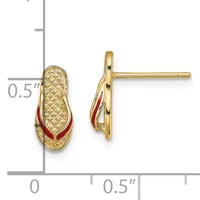 A pair of gold stud earrings with textured oval tops and red enamel curved accents, shown front and side view with a measurement scale indicating 0.5 inches in height.