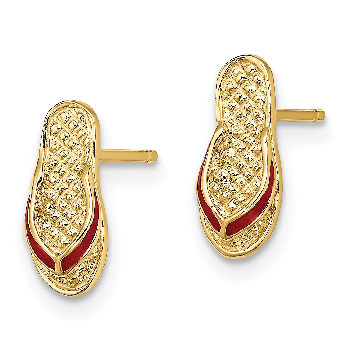 Pair of gold oval stud earrings with textured surfaces and red enamel V-shaped accents, shown against a white background.