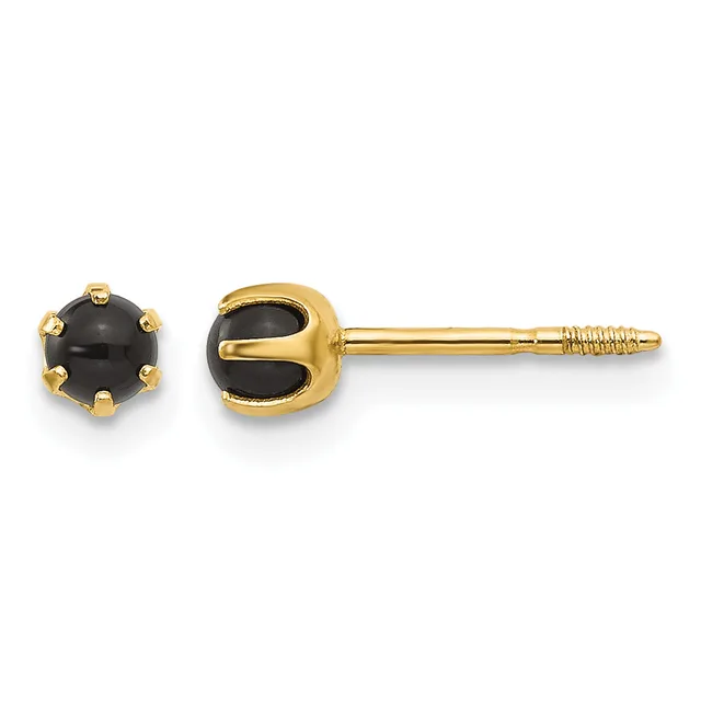 Pair of gold stud earrings with round black onyx stones set in gold prong settings on threaded posts.