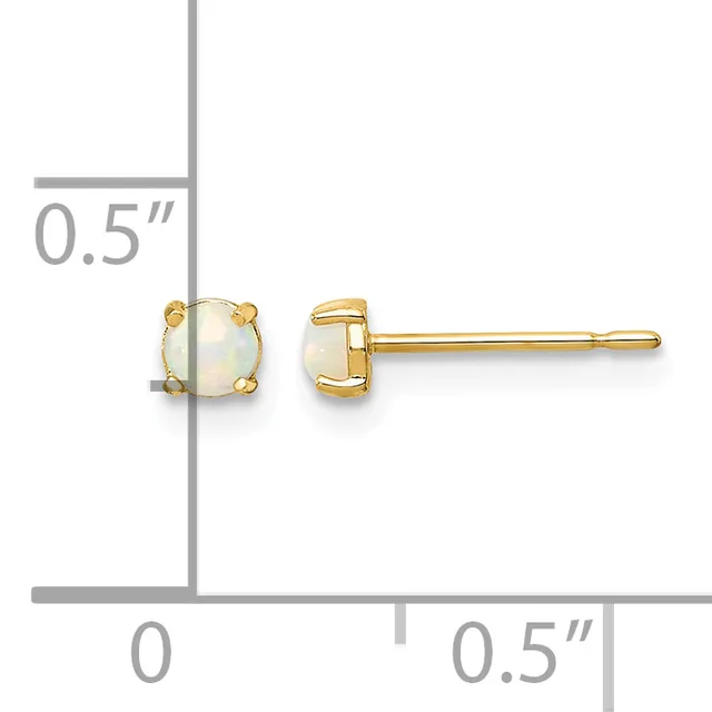 Pair of gold stud earrings with round opalescent stones in four-prong settings, shown front and side view with a measurement scale indicating approximately 0.5 inches.