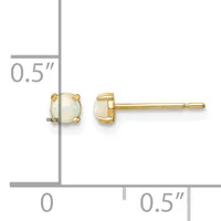 Pair of gold stud earrings with round opalescent stones in four-prong settings, shown front and side view with a measurement scale indicating approximately 0.5 inches.