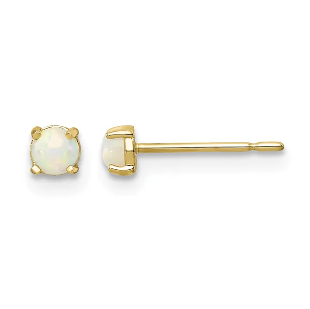 Pair of gold stud earrings with round white opal stones set in four-prong settings, shown from front and side views.