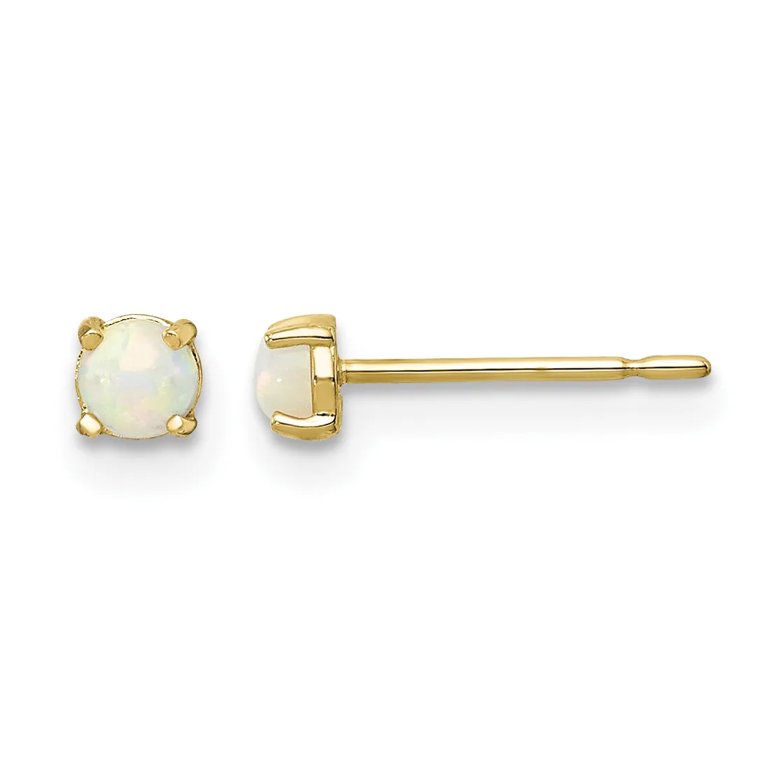 Pair of gold stud earrings with round white opal stones set in four-prong settings, shown from front and side views.