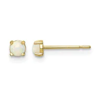 Pair of gold stud earrings with round white opal stones set in four-prong settings, shown from front and side views.