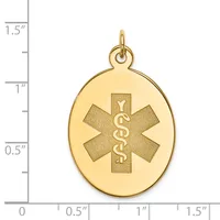Gold oval medical alert pendant with a star of life symbol and caduceus, shown next to a ruler measuring approximately 1.25 inches tall.