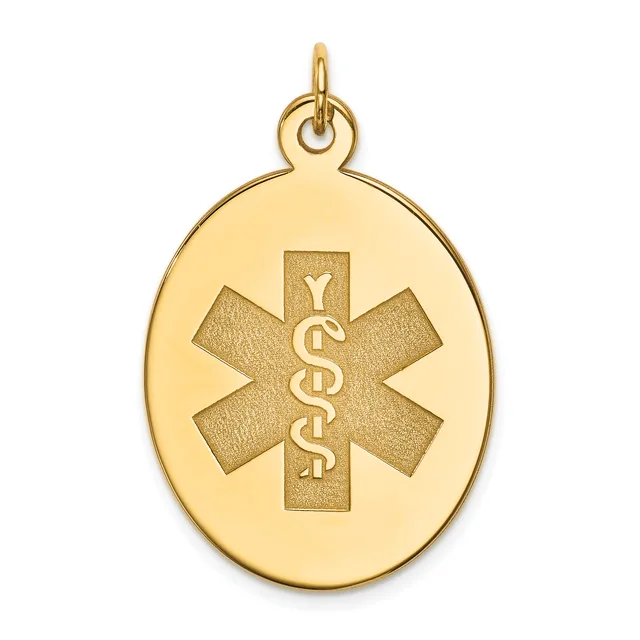 Gold oval medical alert pendant with a Star of Life symbol centered on the front and a small loop at the top for chain attachment.