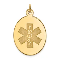 Gold oval medical alert pendant with a Star of Life symbol centered on the front and a small loop at the top for chain attachment.