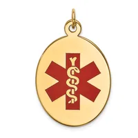 Gold oval medical alert pendant with a red Star of Life symbol and intertwined serpent staff, suspended from a small loop bail.