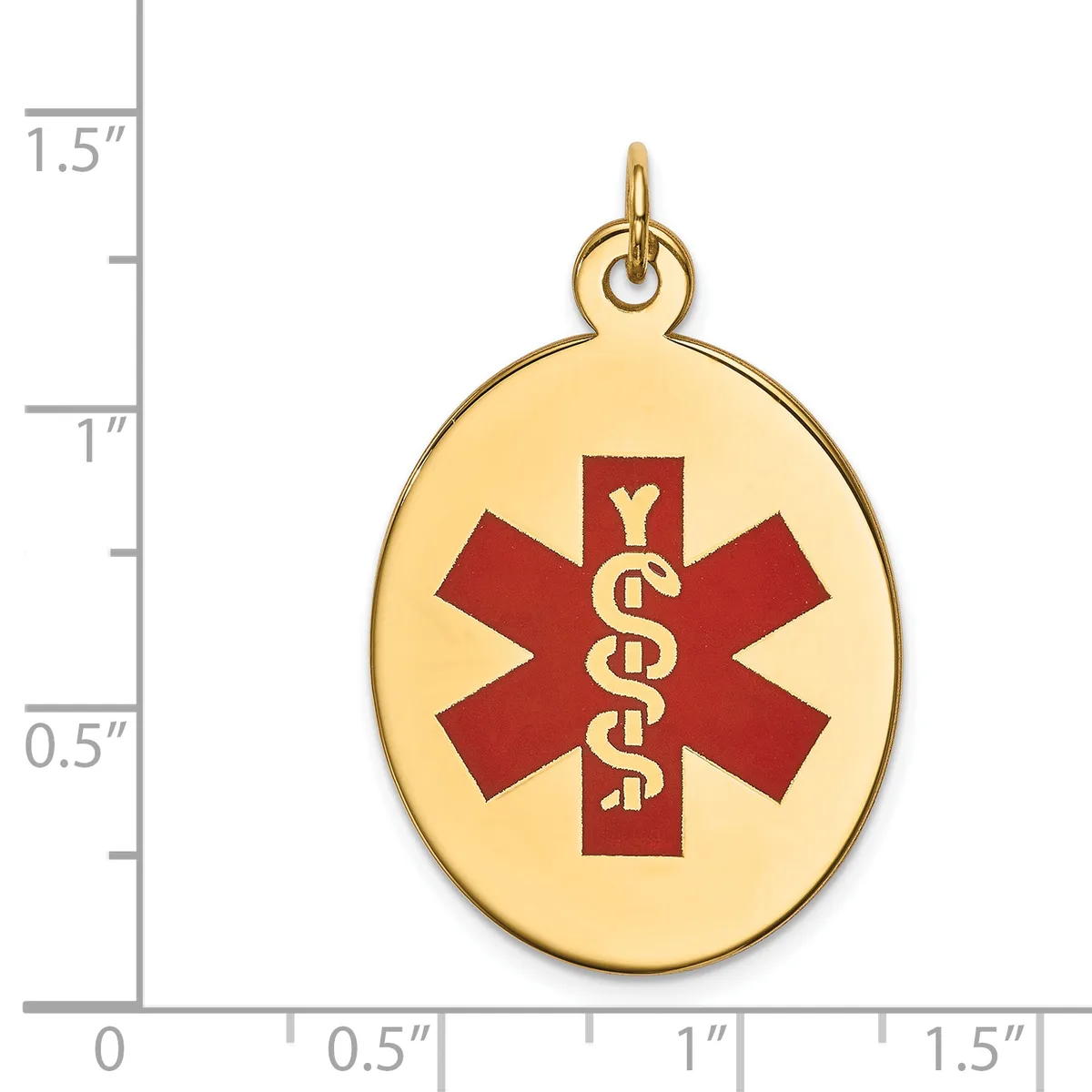 Gold-toned oval medical alert pendant with red enameled star of life symbol and golden serpent staff, shown next to ruler measuring approximately 1.25 inches tall.