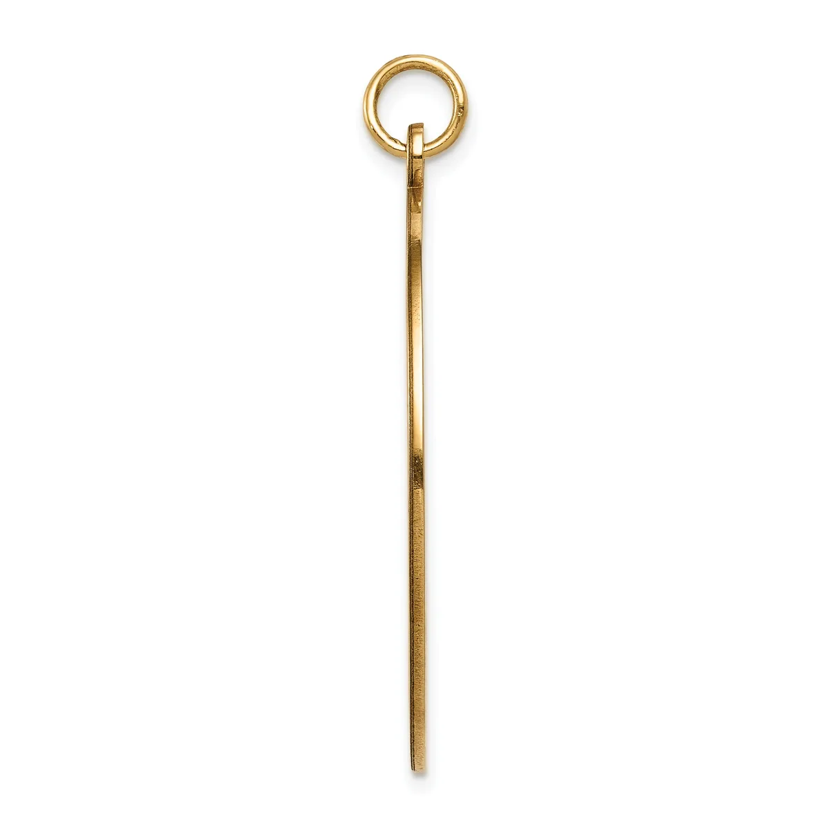 A long, slender brass pendant with a loop at the top and a pointed end, shown against a white background.
