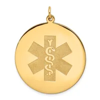 Gold circular medical alert pendant with a star of life symbol and caduceus engraved in the center, shown with a small loop bail at the top.