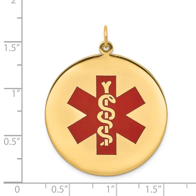 Gold-colored round medical alert pendant with a red Star of Life symbol and entwined serpent staff, shown next to a ruler indicating approximately 1.5 inches in diameter.