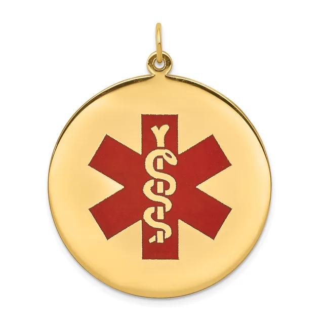 Gold circular medical alert pendant with a red star of life symbol and intertwined snakes in the center, suspended from a small loop at the top.