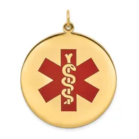 Gold circular medical alert pendant with a red star of life symbol and intertwined snakes in the center, suspended from a small loop at the top.
