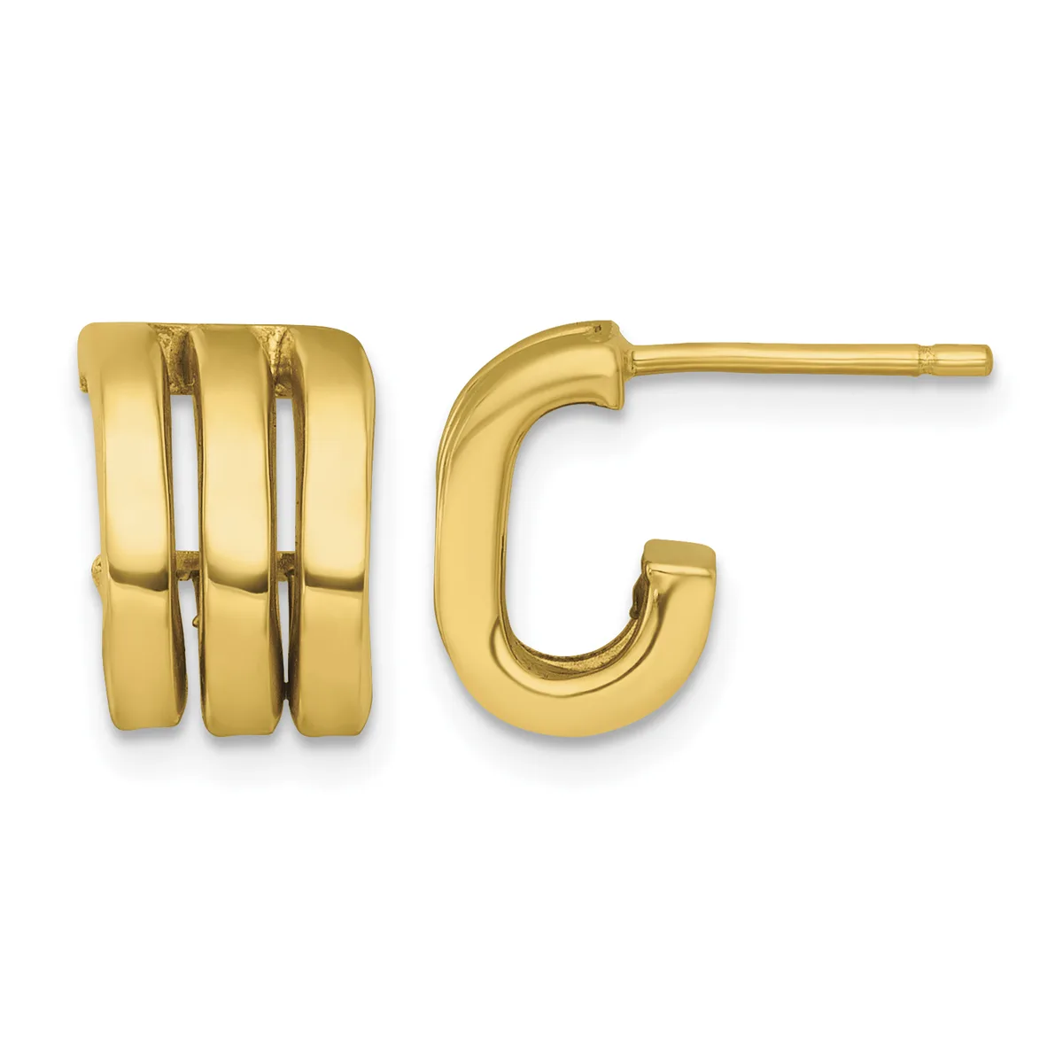 Pair of gold hoop earrings, one with three curved ridges and one plain curved design, shown from front and side angles.