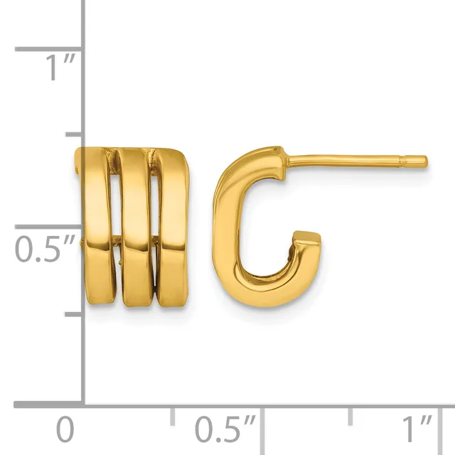 A pair of gold-toned earrings displayed against a measurement scale, featuring a chunky triple-band curved hoop on the left and a smaller curved hoop on the right, both with post backs.