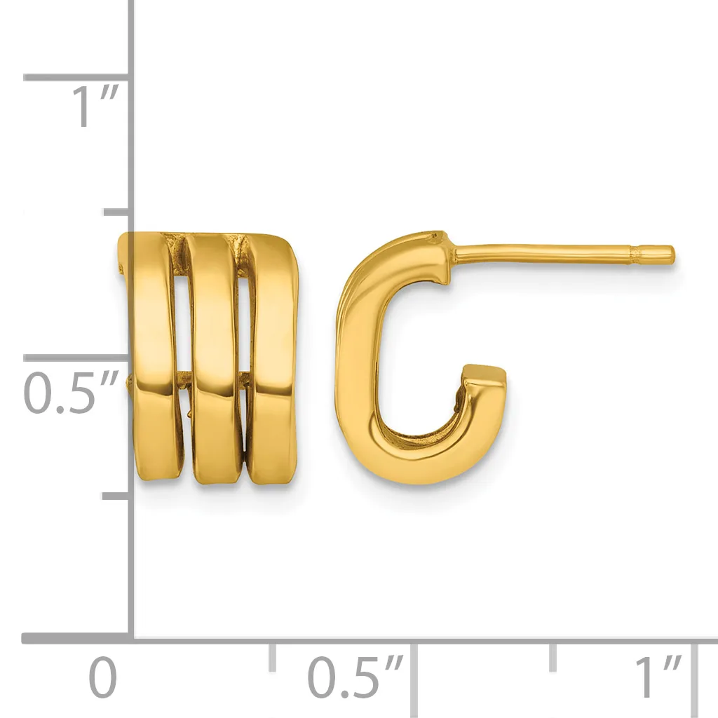 A pair of gold-toned earrings displayed against a measurement scale, featuring a chunky triple-band curved hoop on the left and a smaller curved hoop on the right, both with post backs.