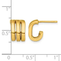 A pair of gold-toned earrings displayed against a measurement scale, featuring a chunky triple-band curved hoop on the left and a smaller curved hoop on the right, both with post backs.
