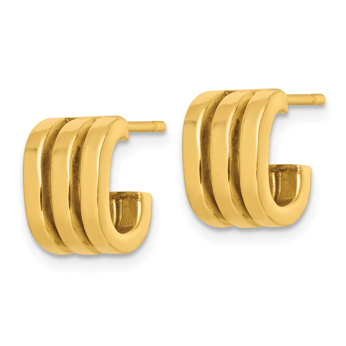 A pair of gold hoop earrings with three stacked curved bands on each earring, shown from the front against a white background.