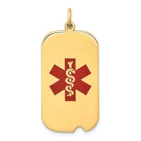 Gold rectangular pendant with rounded corners and a loop at the top, featuring a red medical caduceus symbol in the center.