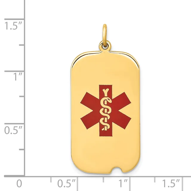 Gold-colored rectangular medical alert pendant with rounded corners and a red star of life symbol containing a gold serpent staff, shown next to a ruler measuring approximately 1.3 inches tall.