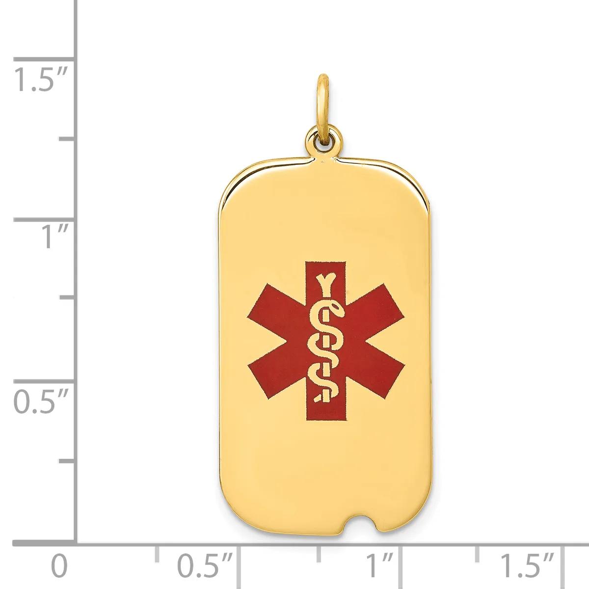 Gold-colored rectangular medical alert pendant with rounded corners and a red star of life symbol containing a gold serpent staff, shown next to a ruler measuring approximately 1.3 inches tall.