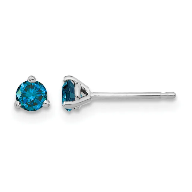 Pair of round blue topaz stud earrings set in sterling silver with three-prong settings, shown from front and side views.
