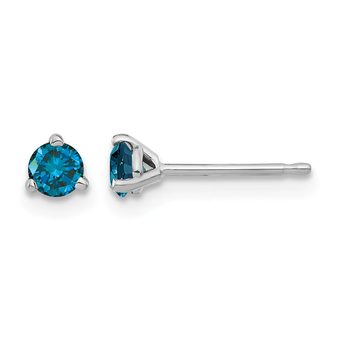 Pair of round blue topaz stud earrings set in sterling silver with three-prong settings, shown from front and side views.