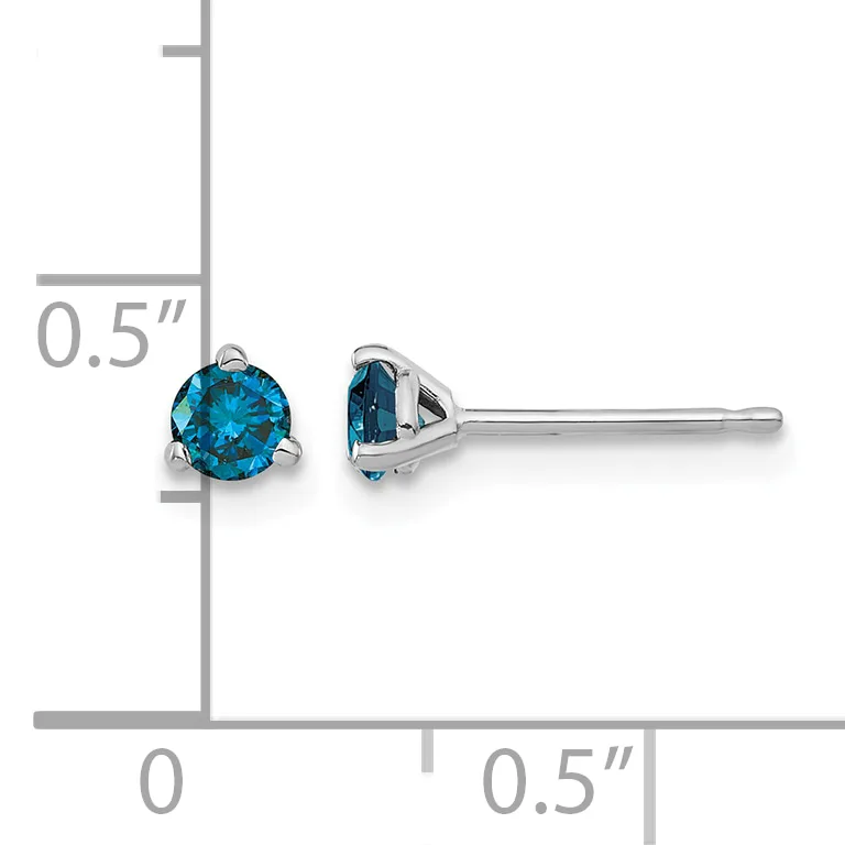 A pair of blue gemstone stud earrings in silver-toned metal shown next to a ruler indicating approximately 0.5 inches in length.