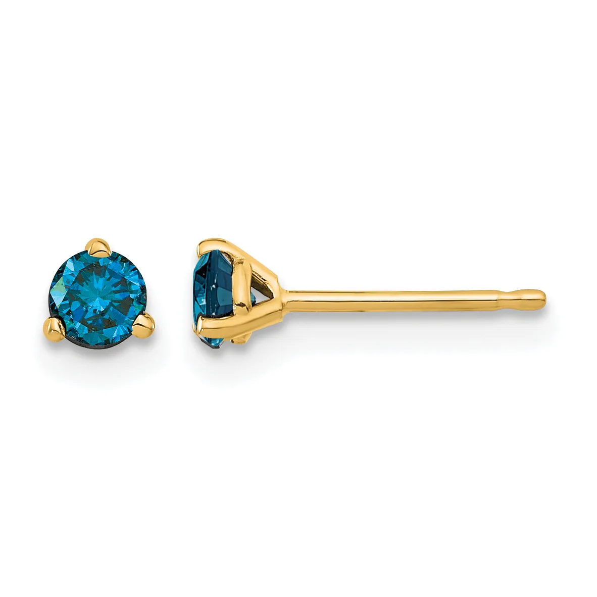 A pair of yellow gold stud earrings featuring round blue topaz stones set in three-prong settings, shown from front and side views.