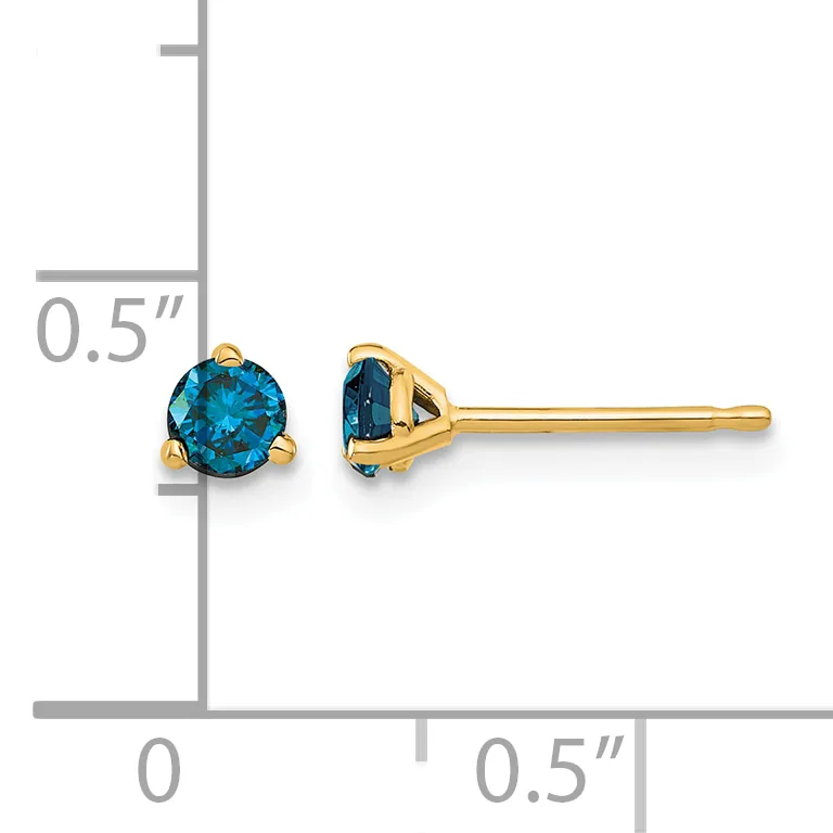 A pair of gold stud earrings with round blue gemstones set in four-prong mountings, displayed next to a ruler showing approximately 0.5 inches in height.
