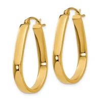 A pair of polished gold hoop earrings with a chunky oval shape and hinged closure, shown against a white background.