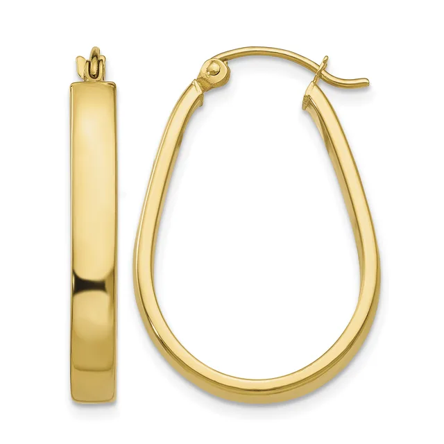A pair of polished gold hoop earrings displayed against a white background, shown from the front and side view.